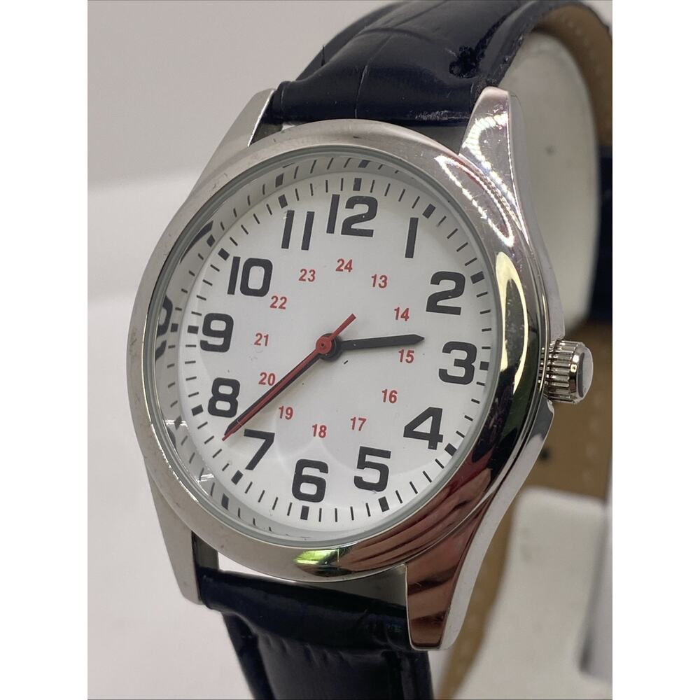 Mens Military Time Leather Watch Works New Batteey